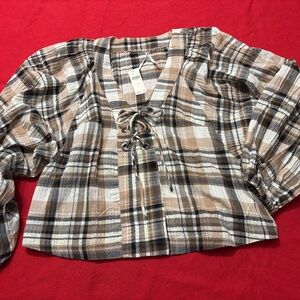 Anthropologie Top SZ. M , In White and brown shades plaid